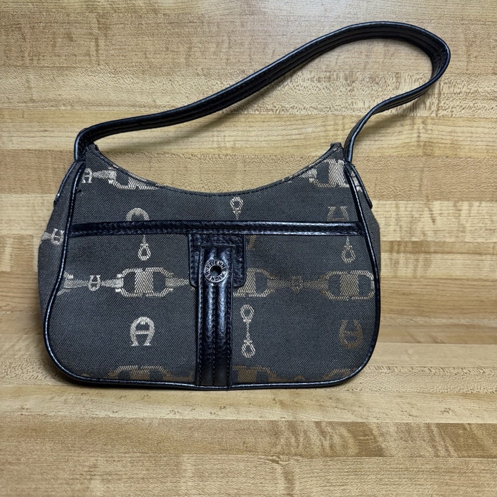 Etienne Aigner Small Hand Bag with Strap Pocket Ivory Canvas Leather Trim